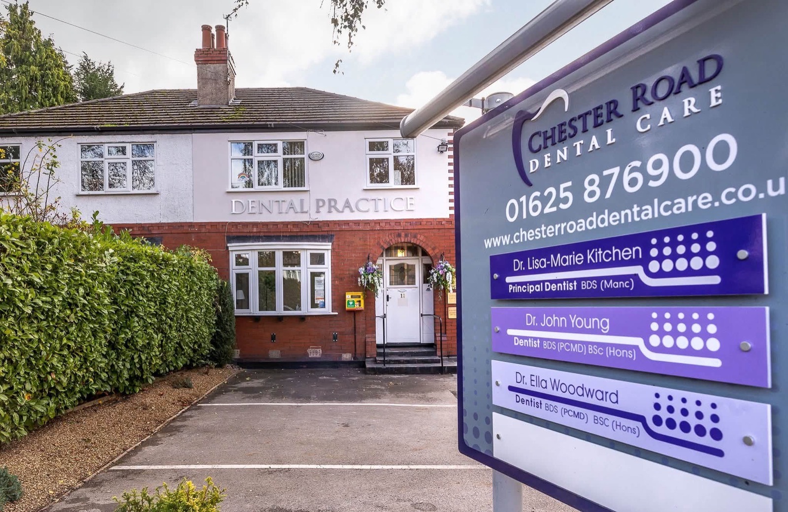 The Chester Road Dental Care building and practice sign on Chester Road, Poynton